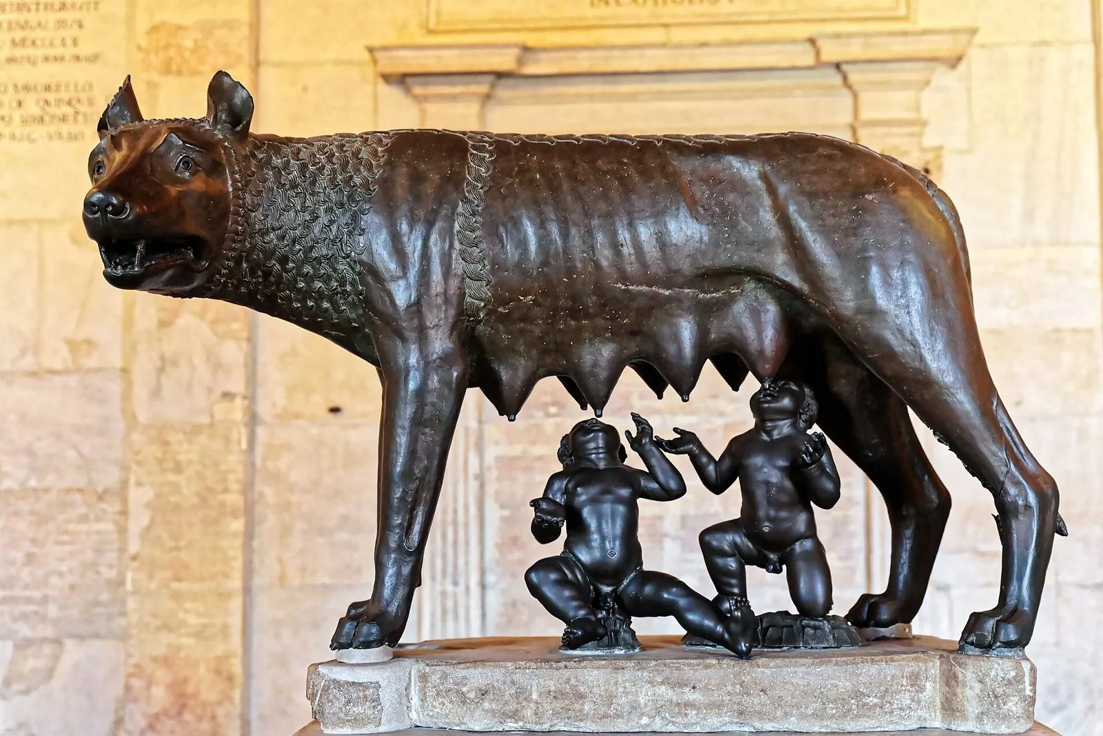 La Lupa Capitolina in bronzo scuro, di profilo, con i gemelli Romolo e Remo inginocchiati sotto di lei, su un basamento di pietra davanti a una parete chiara